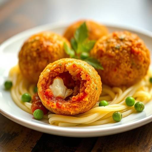 Arancini siciliani, palline di riso fritte ripiene di rag&ugrave;, mozzarella e piselli.