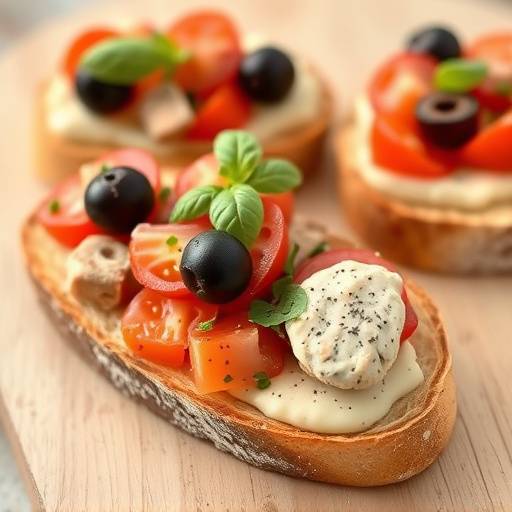 Bruschette miste, fette di pane tostato condite con pomodoro, basilico, olive e pat&eacute;.