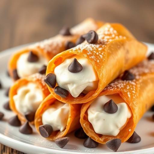 Cannoli siciliani, croccanti cialde ripiene di ricotta dolce e gocce di cioccolato.