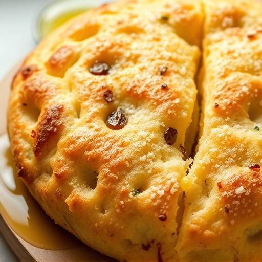 Focaccia genovese dorata e croccante, cosparsa di sale grosso e olio d'oliva.