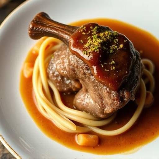 Ossobuco alla milanese, stinco di vitello brasato con verdure e gremolada.