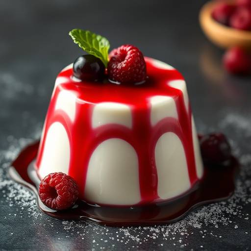 Panna cotta, un dolce piemontese a base di panna, zucchero e gelatina, servito con salsa ai frutti di bosco.