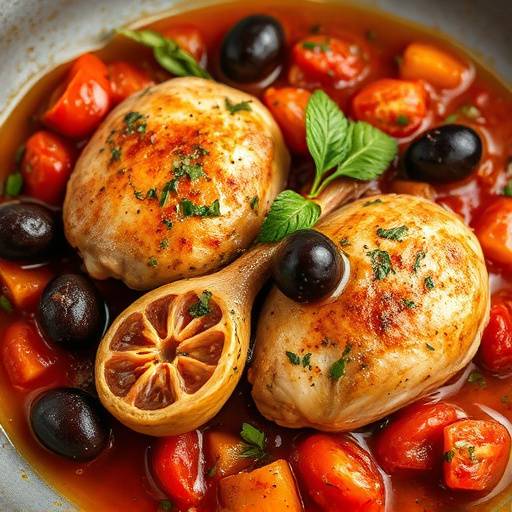 Pollo alla cacciatora, un secondo piatto a base di pollo, pomodoro, olive e aromi.