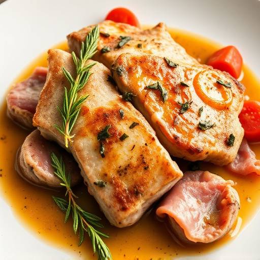 Saltimbocca alla romana, fettine di vitello con prosciutto e salvia, cotte in padella.