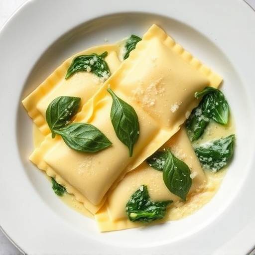 Un piatto di ravioli fatti in casa ripieni di ricotta e spinaci, conditi con burro e salvia.