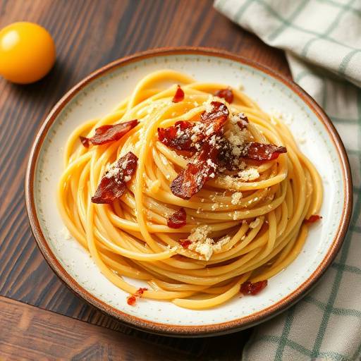 Un piatto fumante di pasta alla carbonara con guanciale croccante, tuorlo d'uovo e una spolverata di pecorino romano grattugiato, servito su un tavolo di legno rustico con una tovaglia a quadri.