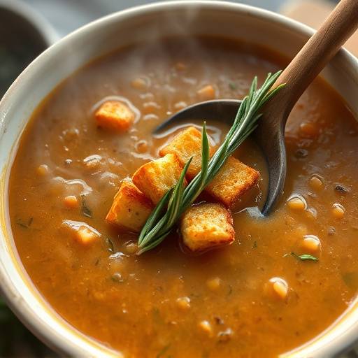 Un primo piano di una ciotola di zuppa di lenticchie fumante con crostini di pane tostato, un cucchiaio di legno e un rametto di rosmarino fresco.