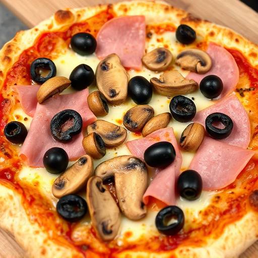 Una pizza farcita con funghi, prosciutto cotto e olive nere.