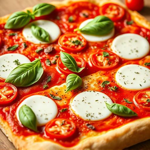 Una pizza margherita appena sfornata, con pomodoro, mozzarella e basilico fresco.