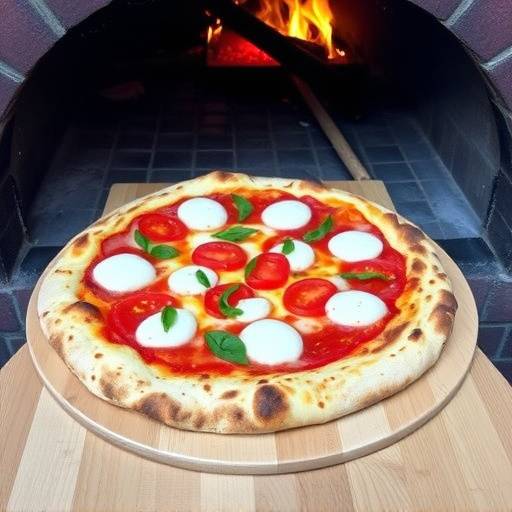 Una pizza margherita fatta in casa con pomodori San Marzano, mozzarella di bufala campana DOP, basilico fresco e un filo d'olio extravergine d'oliva, cotta in un forno a legna e servita su una pala di legno.